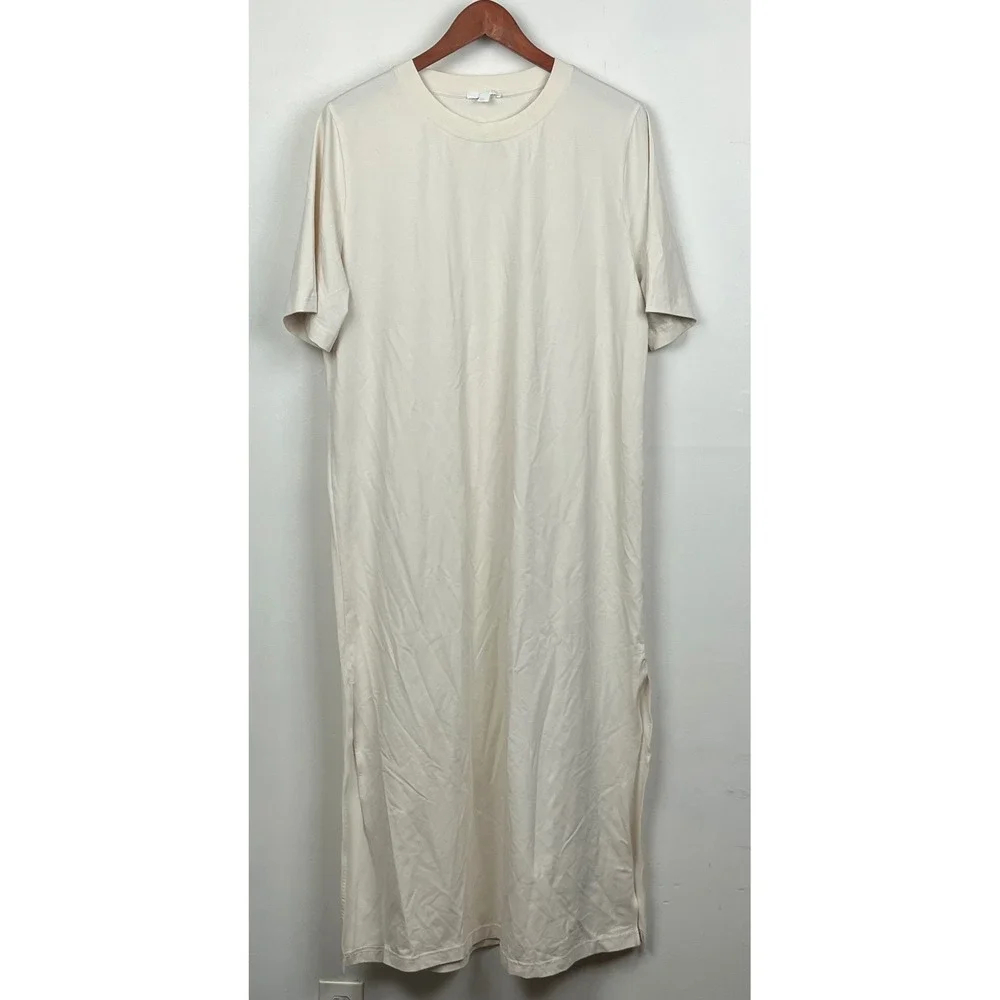COS T-Shirt Maxi Dress M Cream Minimalist Clean Girl Side Slit Stretch Jersey